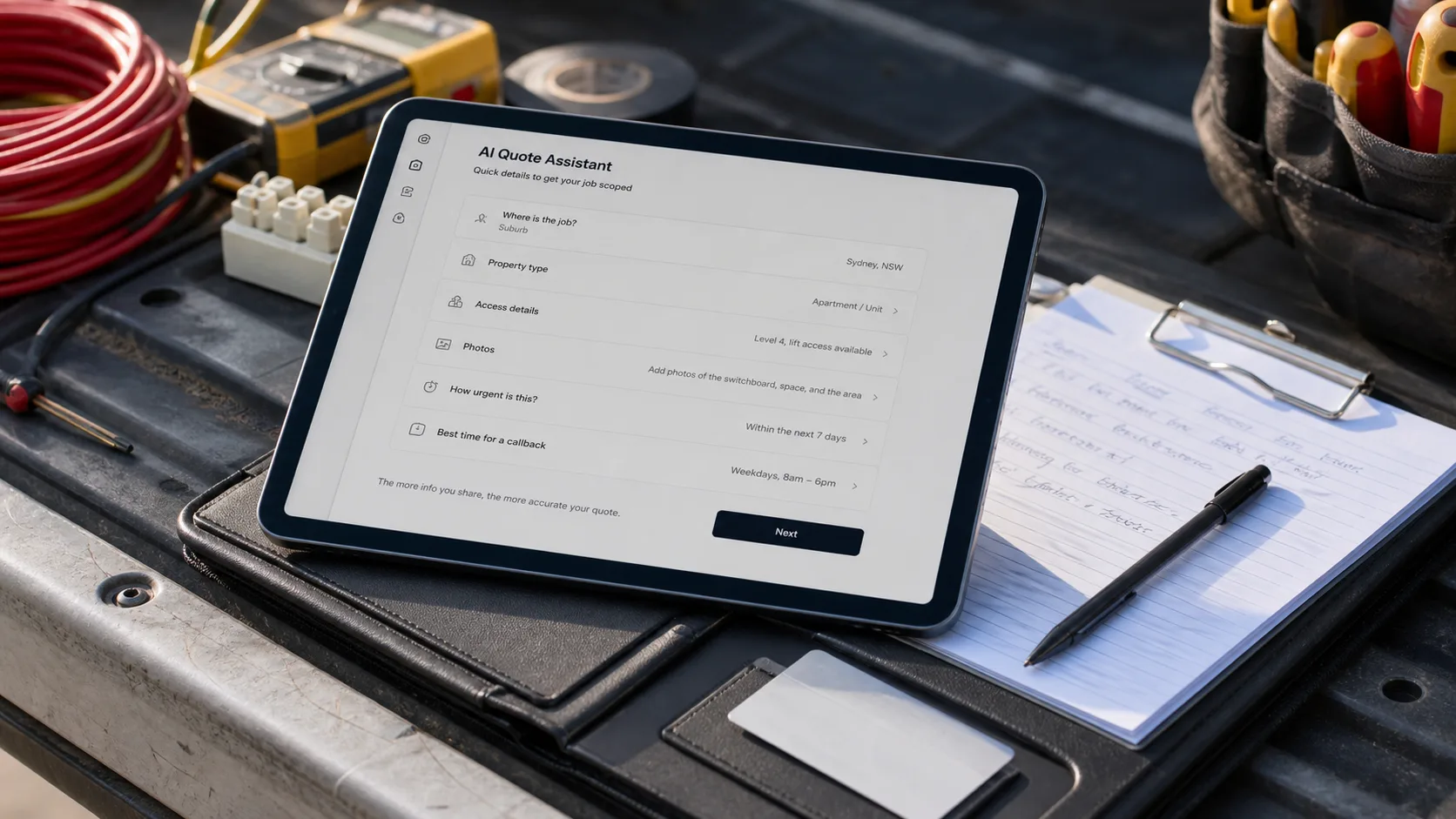 A tablet showing a chatbot intake for a Sydney sparkie collecting suburb, photos, access, and urgency before any price is mentioned.