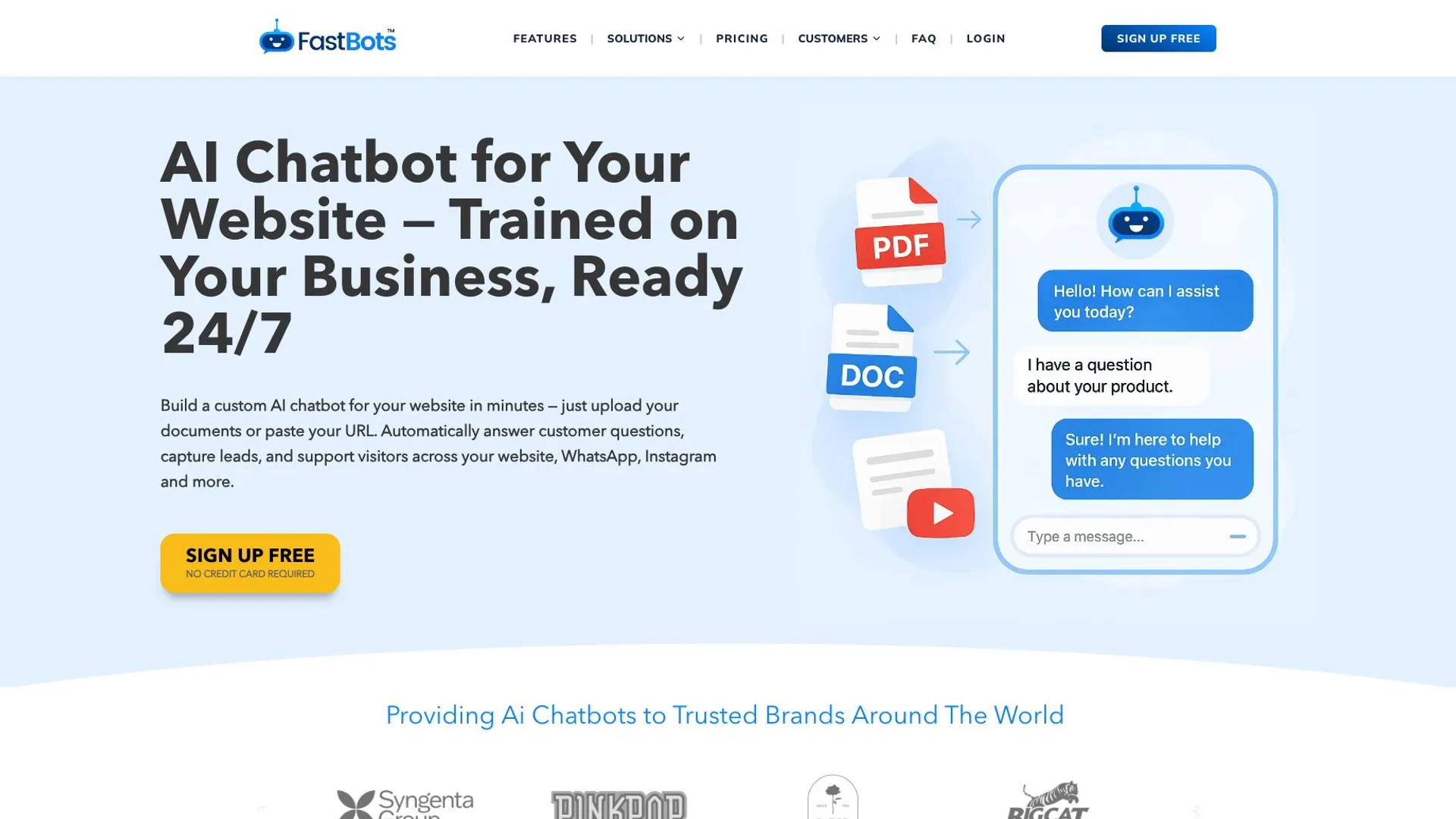 FastBots homepage with the sign-up call to action visible.