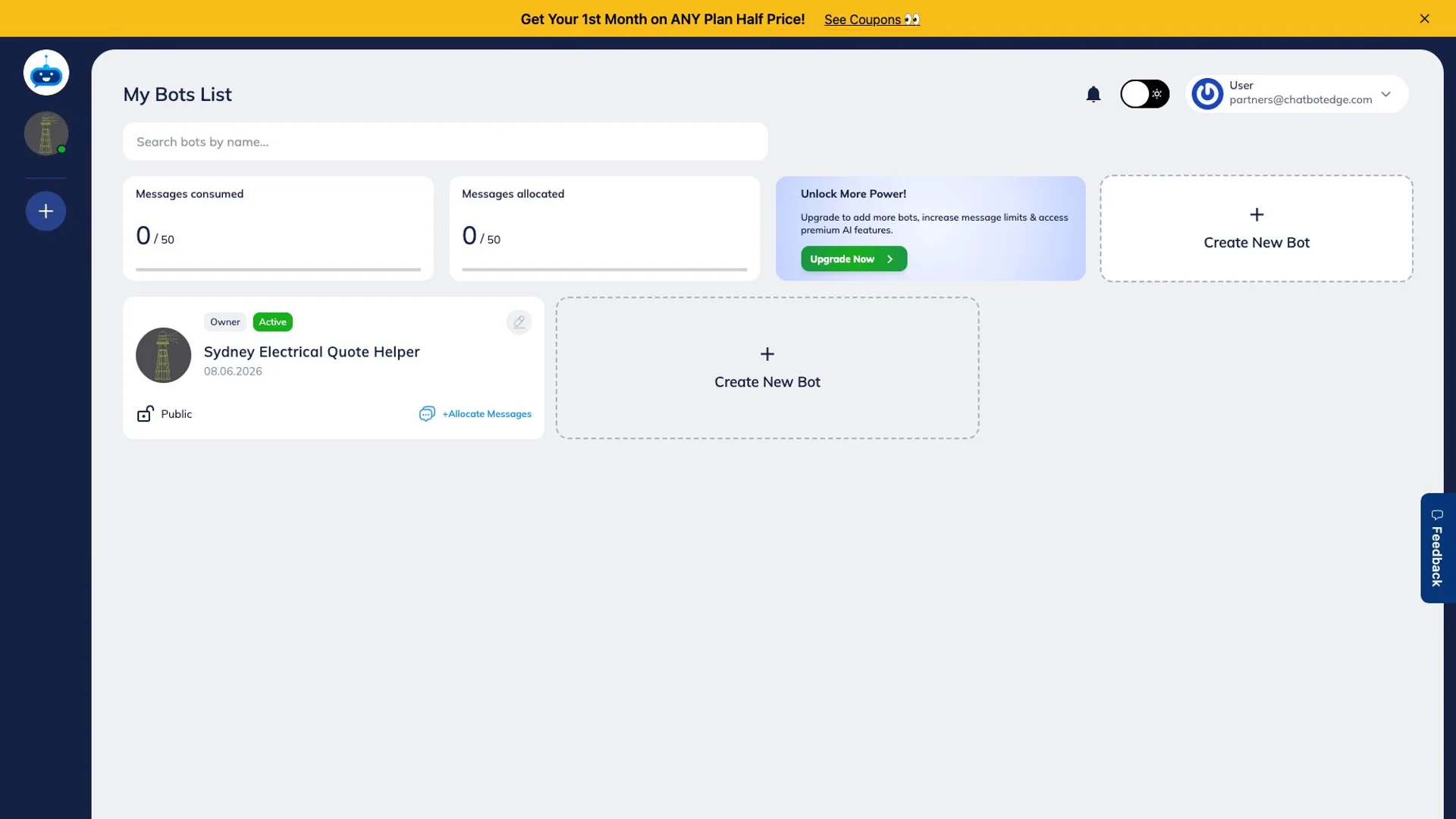 FastBots dashboard with the Create New Bot card visible.