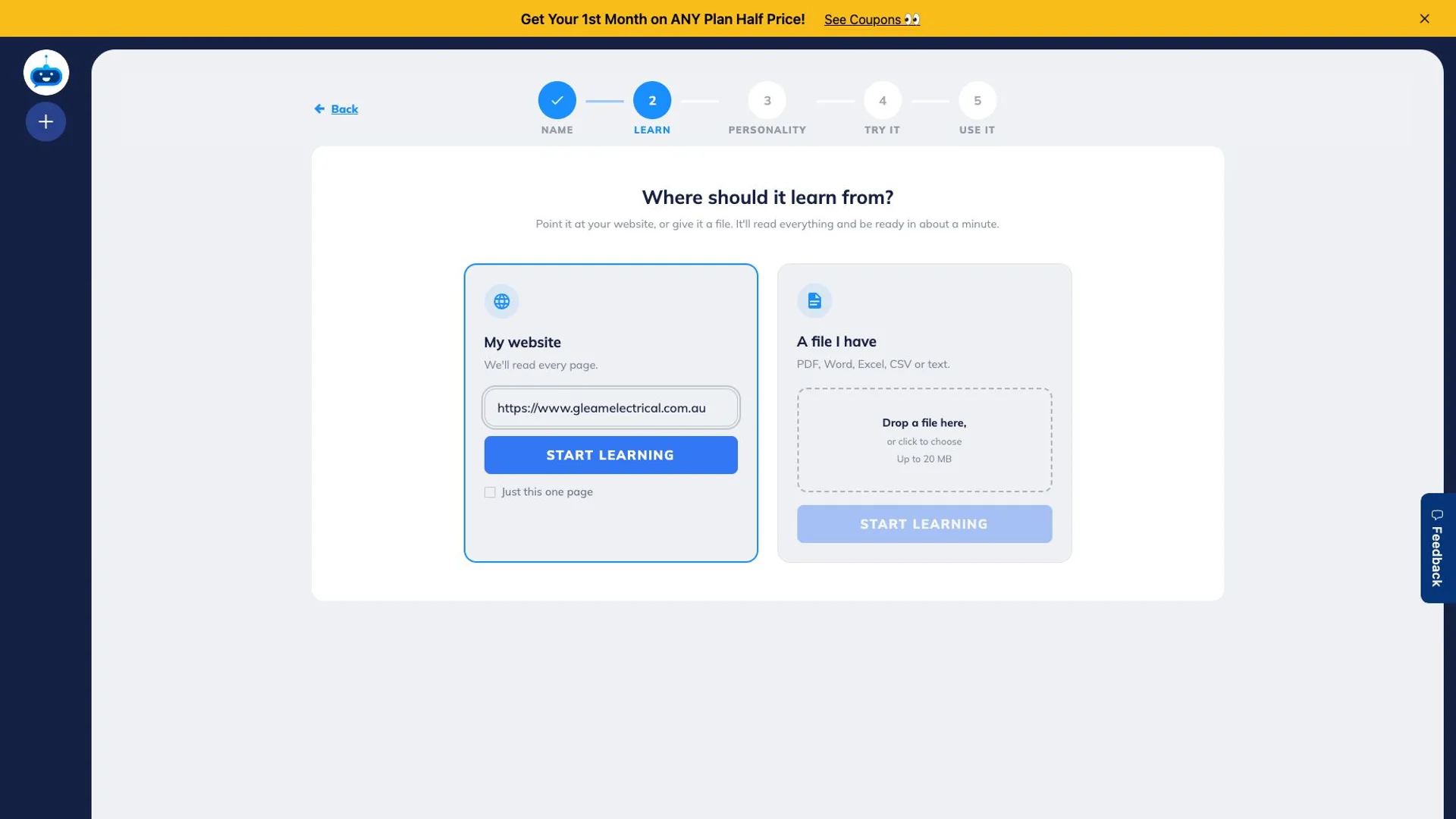 FastBots URL training screen with an Australian electrical website entered.