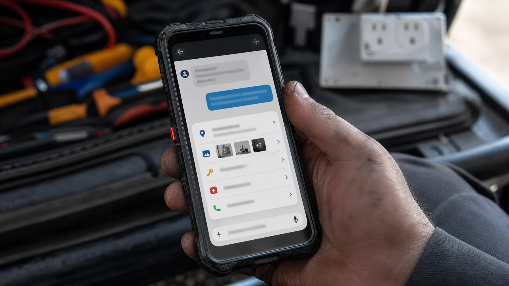 Close-up of a phone showing a chat conversation between a tradie business and a customer asking about a power point installation.