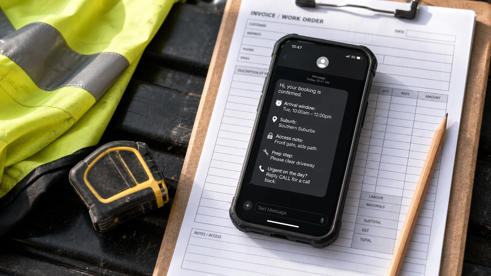A booking-confirmation SMS on a phone showing arrival window, suburb, access notes, and a phone number for changes.