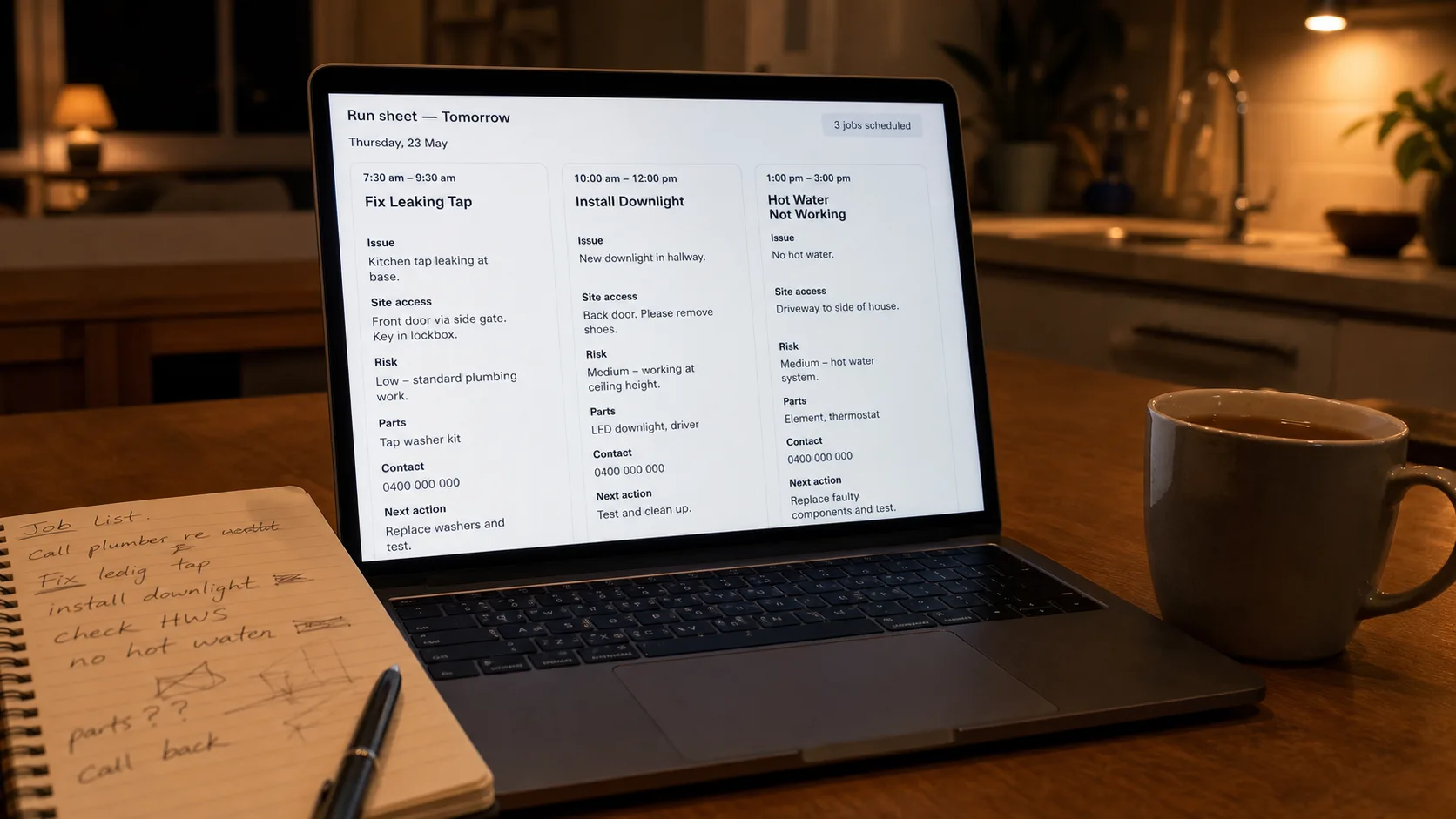 A laptop on a kitchen table at night showing a clean run sheet for tomorrow's jobs with six fixed headings.