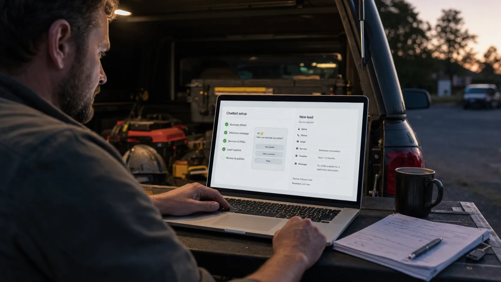 A solo tradie checks a website chatbot screen showing a quote-intake brief from a ute after hours.