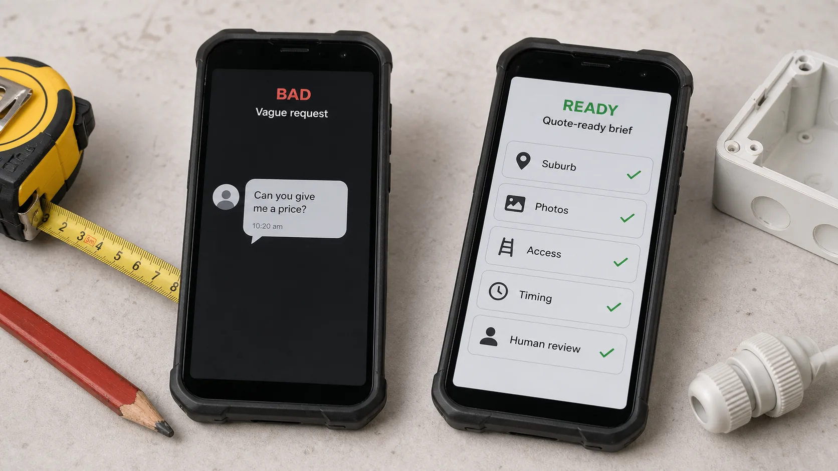 Side-by-side phone mockup: vague message on the left, quote-ready brief on the right.